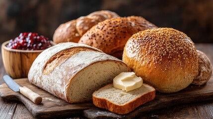 Assorted baked goods, including loaves and sliced bread, displayed on a wooden cutting board.  A bowl of cranberry sauce is visible in the background