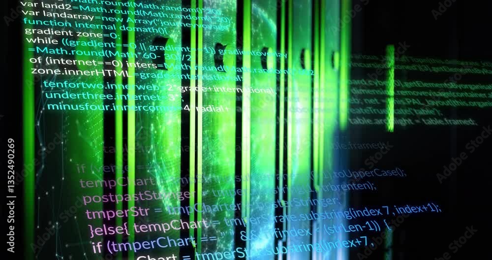 Poster digital code and data processing animation over abstract green and blue background