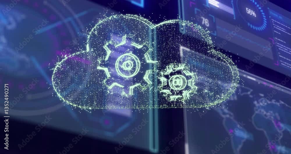Poster animation of digital cloud with gears showing data processing and technology integration