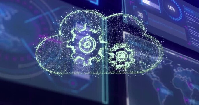 Animation of digital cloud with gears showing data processing and technology integration
