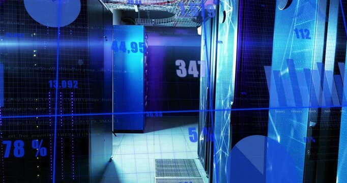 Processing data in blue-lit data center with servers, animated graphics displayed