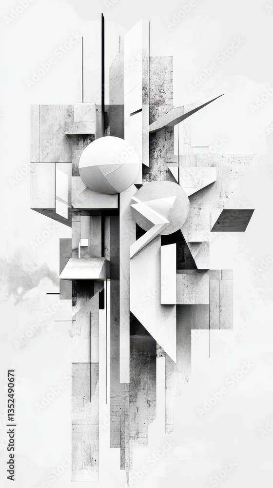 Poster an abstract composition of geometric structures in monochromatic tones