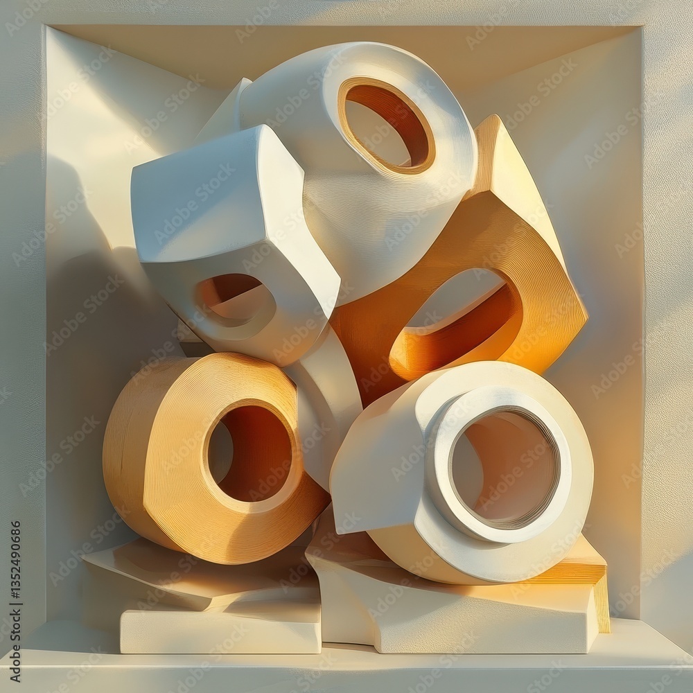 Poster abstract geometric sculpture with circular openings and cuboid shapes