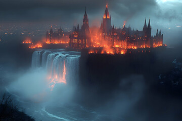 Fototapeta premium A majestic castle engulfed in flames, surrounded by a roaring waterfall under a stormy sky