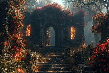 Obraz premium Stone steps lead to floral covered archway amidst a lush, sunlit forest