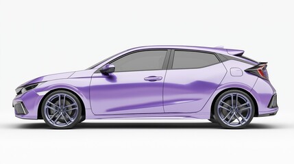 Lilac hatchback car, rendered in photorealistic style with highly reflective surfaces