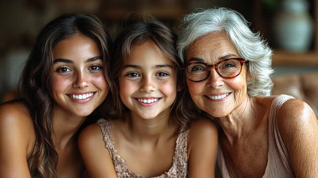 Three generations of women smiling warmly together indoors. Possible use Family portrait