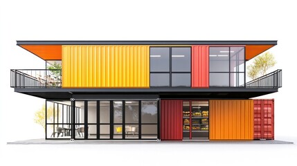 Colorful and Geometric Modular Container Building with Contemporary Architectural Design in an Urban Environment  The Facade Features a Combination of Shipping Containers Metal Glass