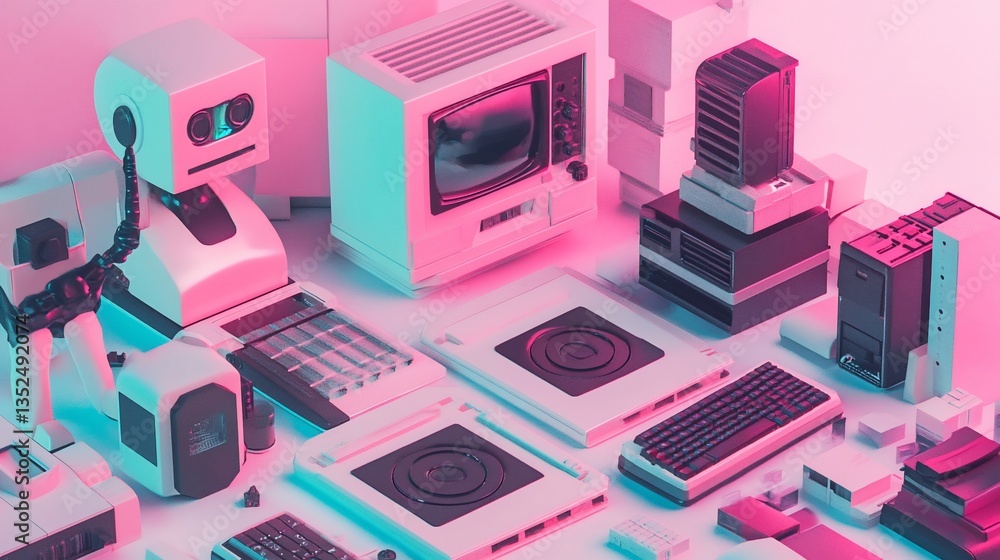 Poster retro tech nostalgia: a 1980s computer and robot scene