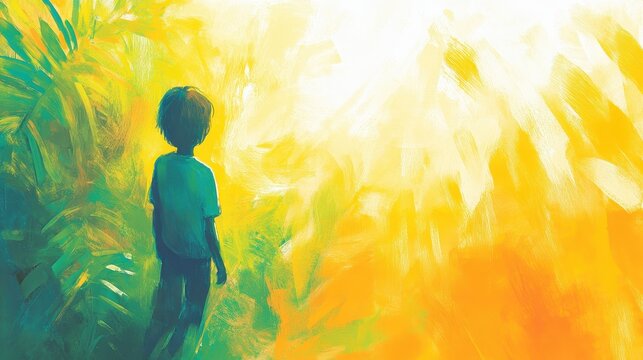 A child contemplates the radiant light amidst verdant lush foliage