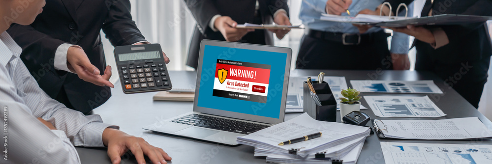 Poster virus warning alert on computer screen detected brisk cyber threat , hacker, computer virus and malw