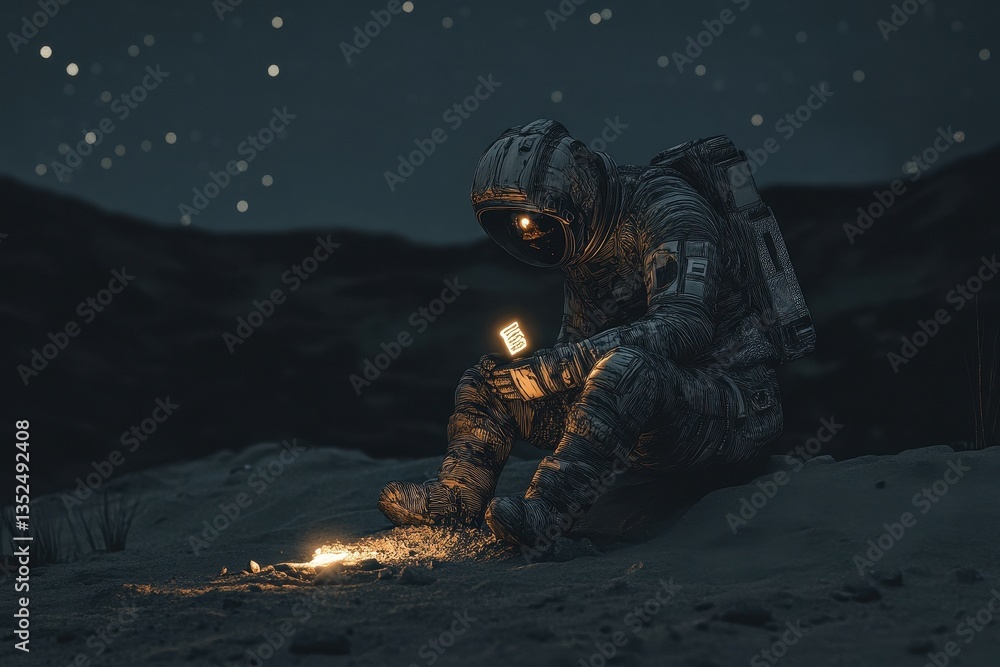 Aufkleber an astronaut sitting on a surface illuminated by a light source