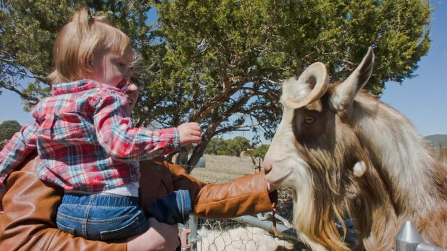 Mother and Daughter Petting Some Billy Goat at a Farm