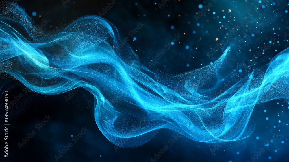Poster abstract blue color digital particles wave with dust and numbers background