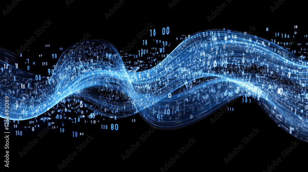 Aufkleber abstract blue color digital particles wave with dust and numbers background