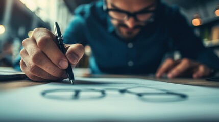 a man writing on paper with a pen. 