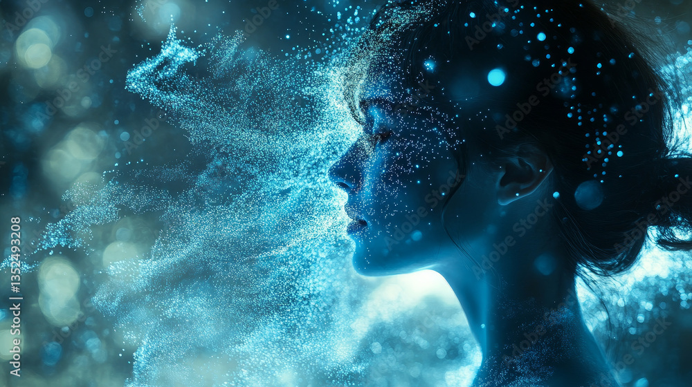 Poster abstract blue color digital particles wave with dust and numbers background