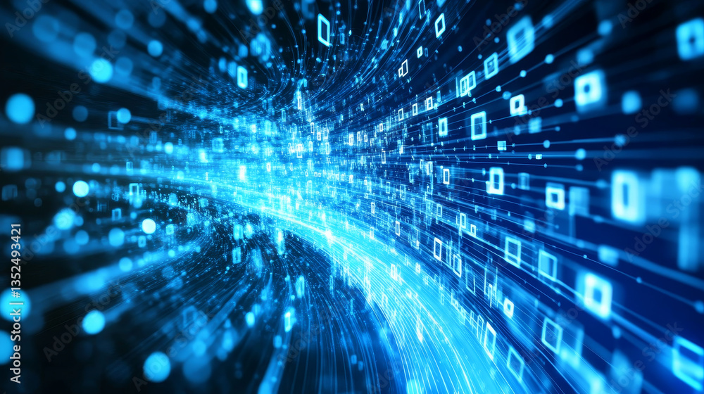 Poster abstract blue digital particles wave and digital data network connections for technology background 