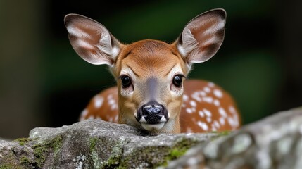 Fawn peering from behind rock
