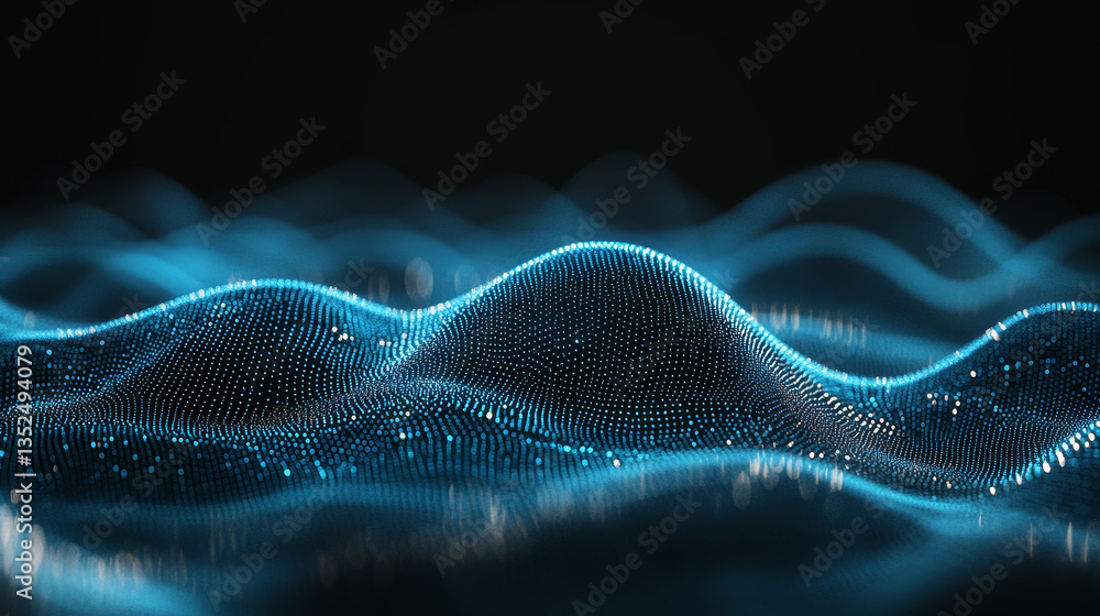 Poster abstract blue color digital particles wave with bokeh background