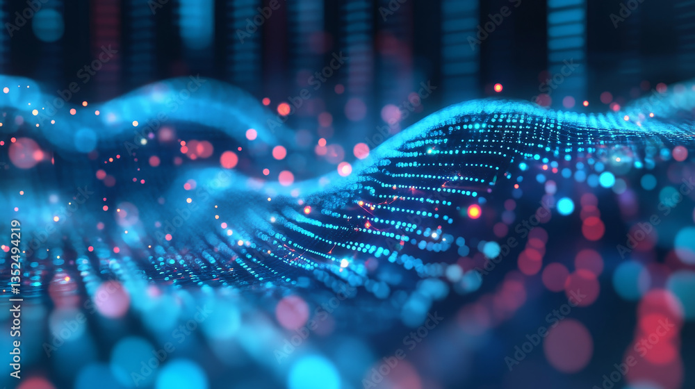 Poster abstract blue color digital particles wave with bokeh background