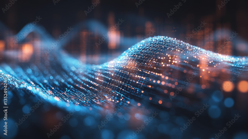 Poster abstract blue color digital particles wave with bokeh background