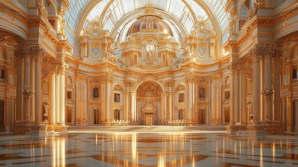 Obraz premium Majestic golden interior of a grand palace with intricate architecture and soft lighting