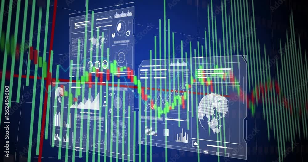 Aufkleber animation showing financial data charts, graphs, and global map on digital interface
