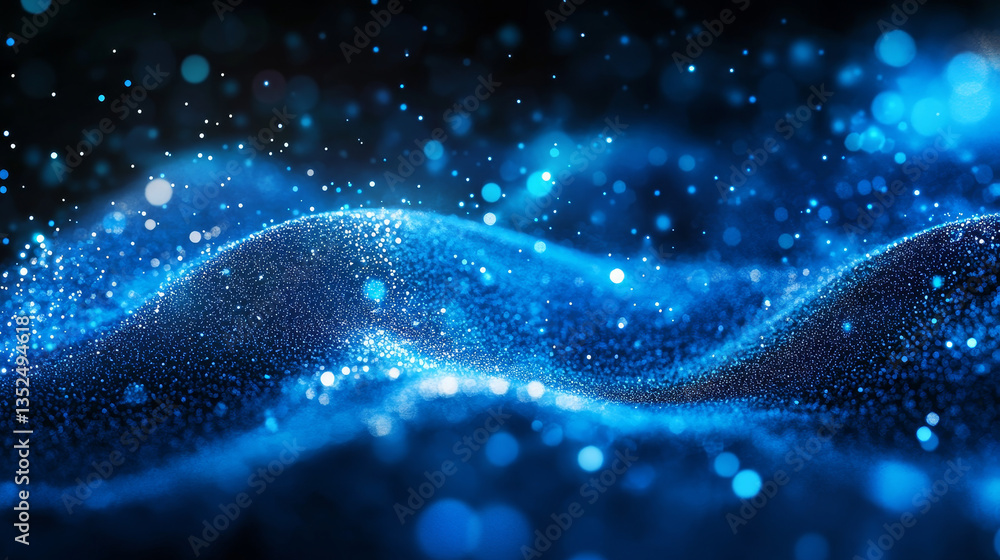 Poster abstract blue color digital particles wave with bokeh and light background