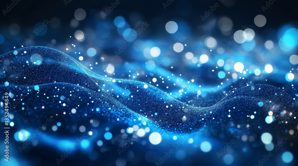 Poster abstract blue color digital particles wave with bokeh and light background