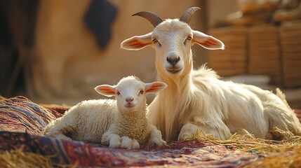 Fototapeta premium Goat and kid resting on carpet in natural setting