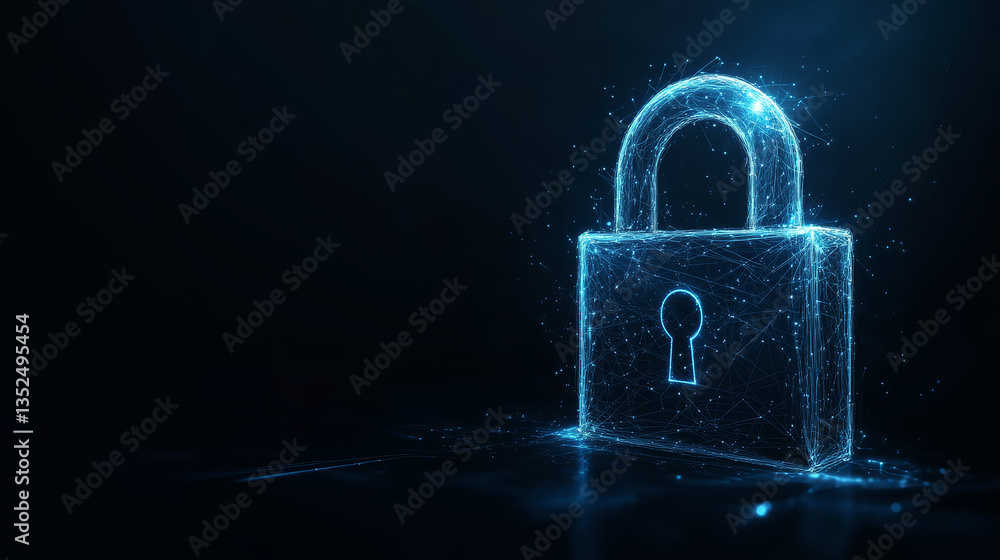 Poster padlock wire frame design. the padlock is on the right side of the picture. left empty space on dark
