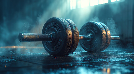 A heavy dumbbell sits ready for a workout in a moody gym, illuminated by a spotlight.