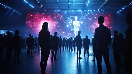 Naklejka premium Crowd observing a futuristic digital display at a tech convention