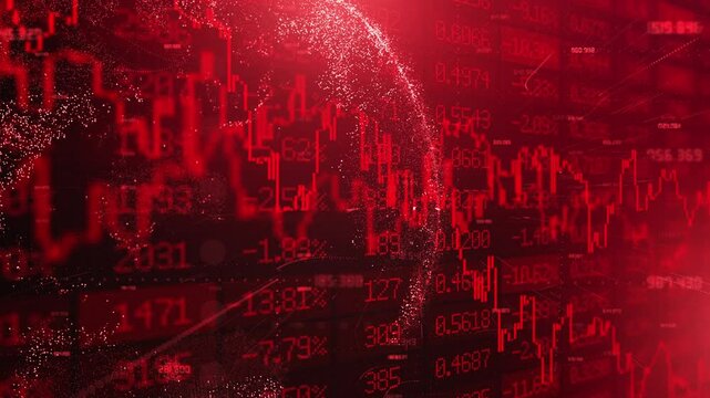 Red candles of the bearish stock market trading. Chart with falling prices. Exchange trading. Stop loss and liquidations. Decreasing trend and losses. Economic crisis. Recession and stocks crash