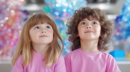 Obraz premium Two children looking upwards at art installation