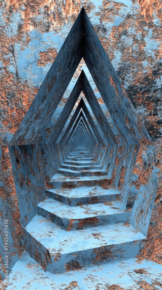 Poster an abstract perspective tunnel featuring stairs and triangle frames