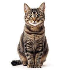 A tabby cat sitting on a white background. 