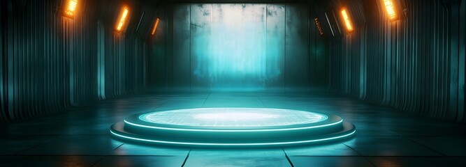 A futuristic 3D product display podium with a floating, holographic base, set in a dimly lit, sci-fi-inspired environment