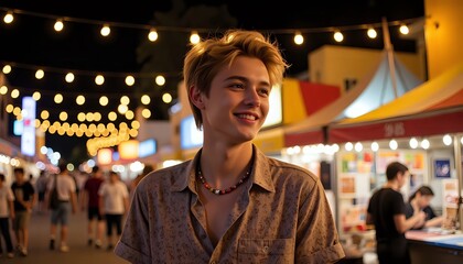 Smiling young man enjoying a vibrant night market - youthful exploration