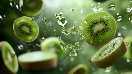 Juicy Green Kiwi Fruit Slices Splashing in Water