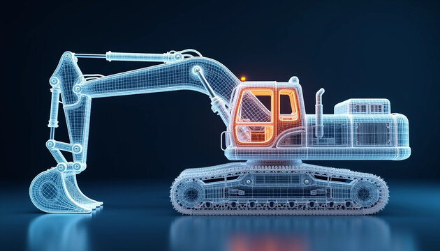 Futuristic Excavator Hologram with Glowing Wireframe Design