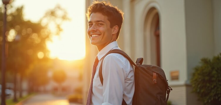 Young mormon missionary man with backpack smiles in sun light. LDS, Church Jesus Christ Latter-day Saints. Faith, belief, religious volunteer. Happy guy on mission service. Close up portrait, outdoor
