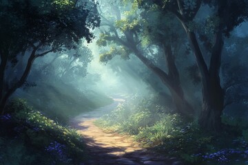 Forest path with ethereal light filters through trees.