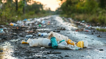 Obraz premium Polluted Road Covered with Plastic Waste and Litter in a Rural Area