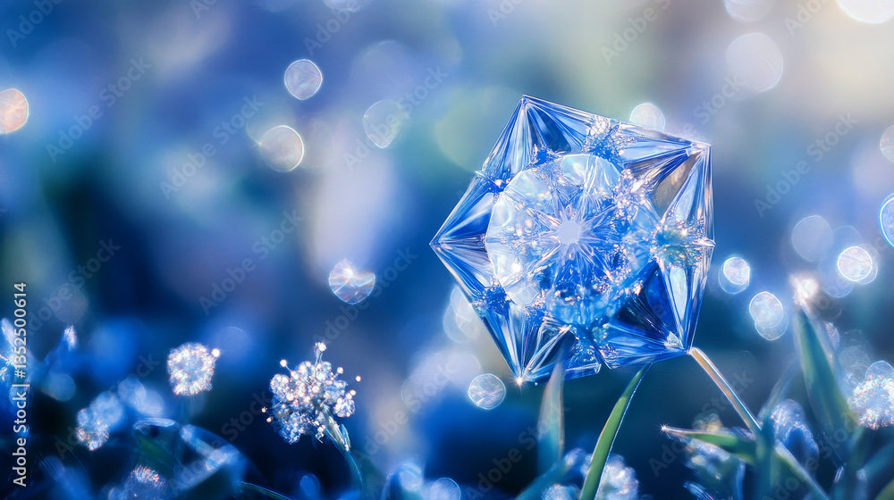 Poster polygon abstract blue background is connected with small blurred bokeh particles around it.