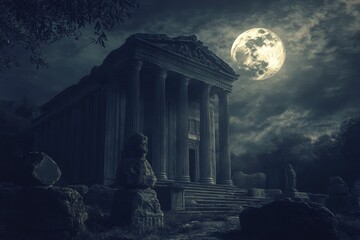Fototapeta premium Ancient temple under full moon night.