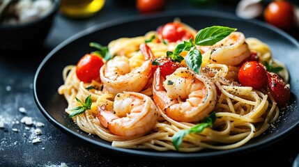 A delicious seafood spaghetti dish with shrimp, cherry tomatoes, and garlic, plated on a black dish.