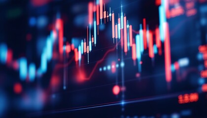 A close up of a stock market chart with red and blue lines on a dark background showing data trends