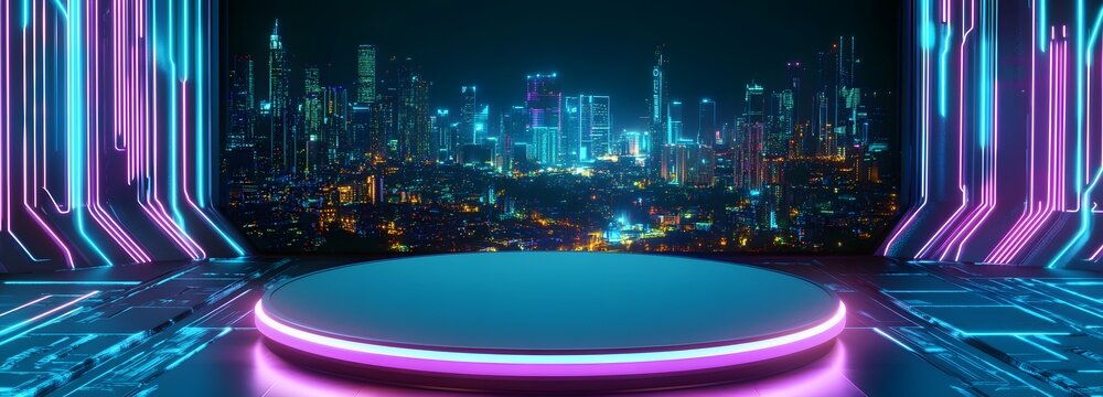 A futuristic 3D podium with glowing neon edges, set in a cyberpunk cityscape with vibrant blue and purple lights